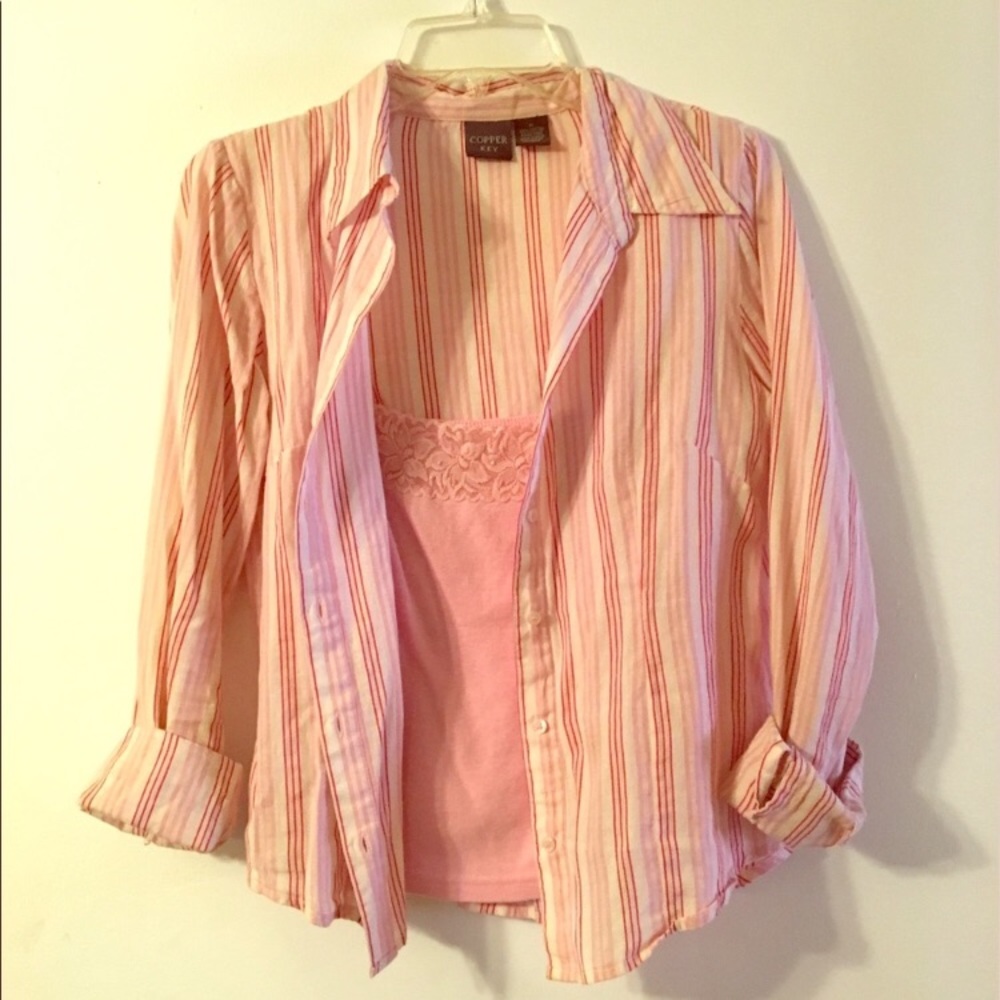 5/$25 Copper Key Pink linen striped button down shirt - Picture 2 of 3